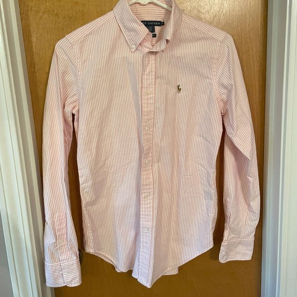 Ralph Lauren Tops - Ralph Lauren Pink and White Striped Button Down Shirt (Size 6)